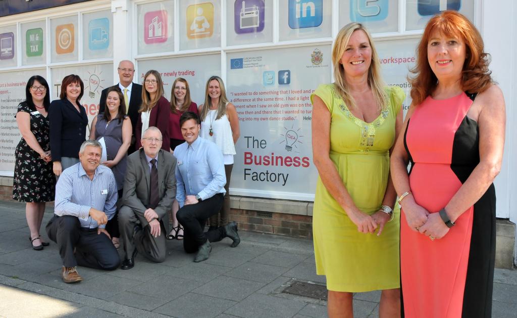 Foreground – Karen Westgate, left, Business Development Officer at North Tyneside Council, with Carole White, CEO at TEDCO Business Support. Background – Advisers from The Business Factory and TEDCO.