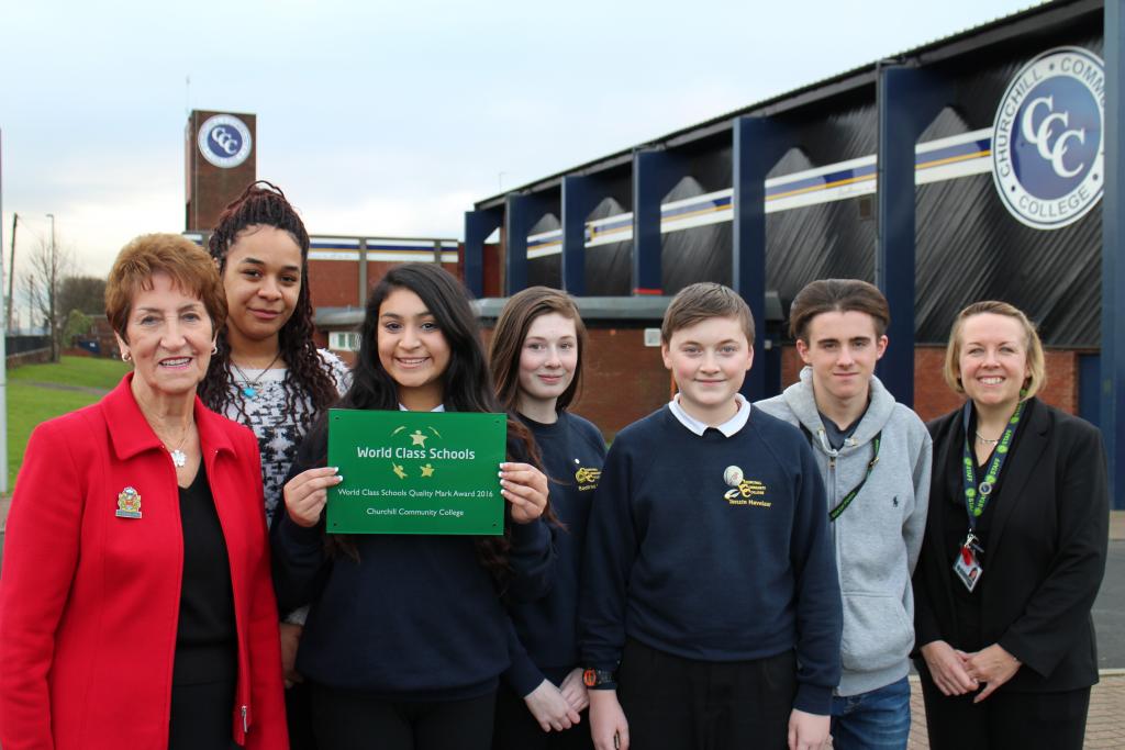 Elected Mayor Norma Redfearn (left) and Marie Jobson (right), Learning Co-ordinator at Churchill Community College with students from the school.