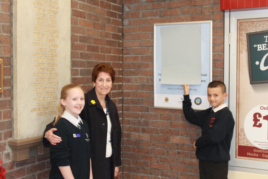  Elected Mayor Norma Redfearn with Deputy Young Mayor, Bethany Amer, and Lewis, of Christ Church School, who designed the logo for the trail