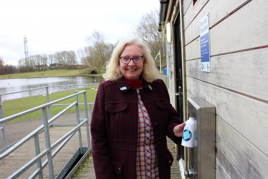 Cllr Sandra Graham at Killingworth Lake water fountain