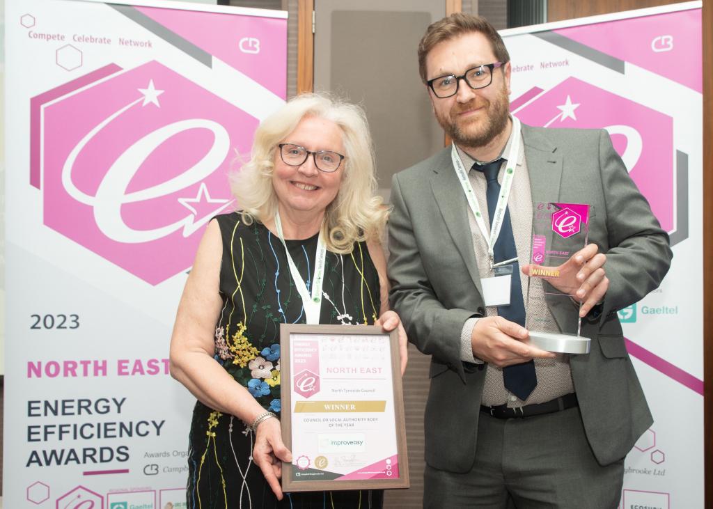 Cllr Sandra Graham, cabinet member for Environment and Paul Nelson, Head of Environmental Sustainability, collecting award for North East Council of the Year at the 2023 Energy Efficiency Awards.