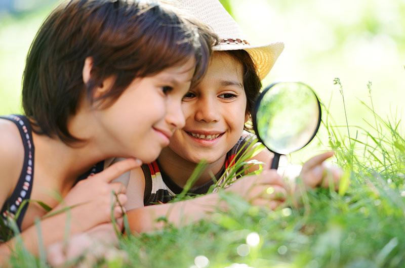 Children looking in the grass with a magnifying glass