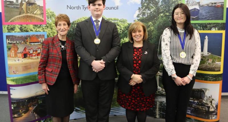 Dame Norma Redfearn DBE, elected Mayor of North Tyneside, Young Mayor Cameron Quinn, MP Mary Glindon, and Member of Youth Parliament Sharon Zeng