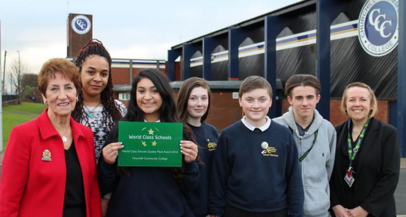 Elected Mayor Norma Redfearn (left) and Marie Jobson (right), Learning Co-ordinator at Churchill Community College with students from the school. Elected Mayor Norma Redfearn (left) and Marie Jobson (right), Learning Co-ordinator at Churchill Community College with students from the school.