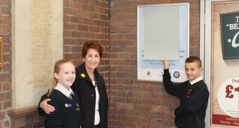  Elected Mayor Norma Redfearn with Deputy Young Mayor, Bethany Amer, and Lewis, of Christ Church School, who designed the logo for the trail