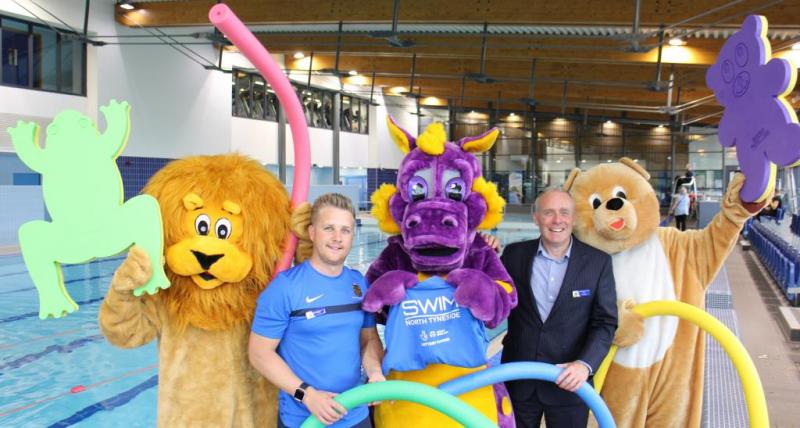 (From left to right) Council mascots Lakey Lion, Dexter the Dragon and Burney Bear with Dan Hase, Marketing Advisor with the council’s sport and leisure team, and Paul Youlden, Senior Manager for sport and leisure. 