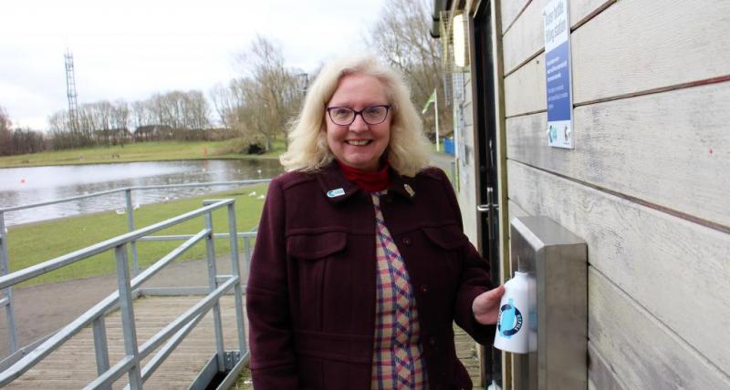 Cllr Sandra Graham at Killingworth Lake water fountain