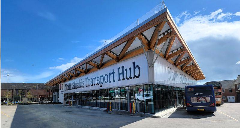 North Shields Transport Hub in the sunshine with buses outside