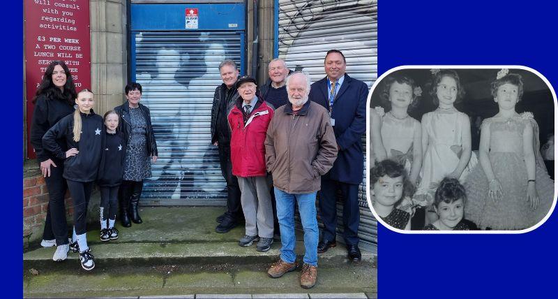 Christine March next to the shutters photo of her dancing in her youth