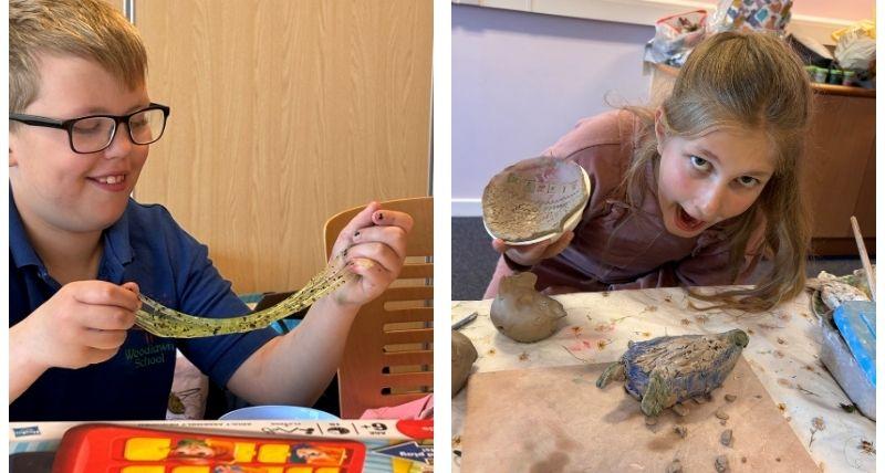 Children enjoying the activity sessions, doing clay modelling and playing with slime