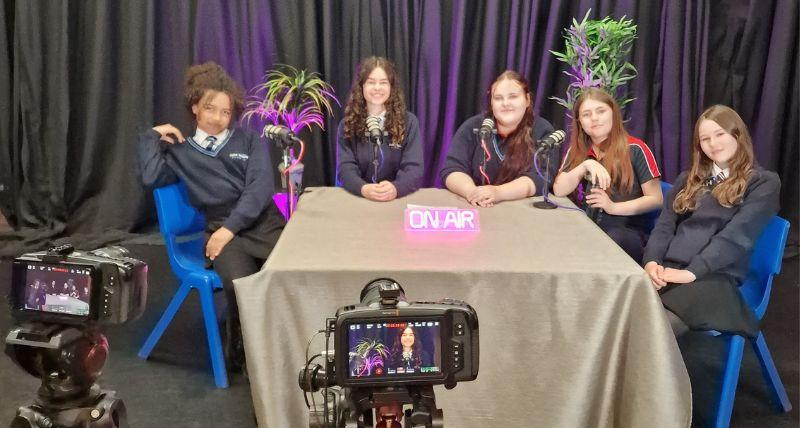 Young people taking part in the Youthforia Podcast at John Spence High School