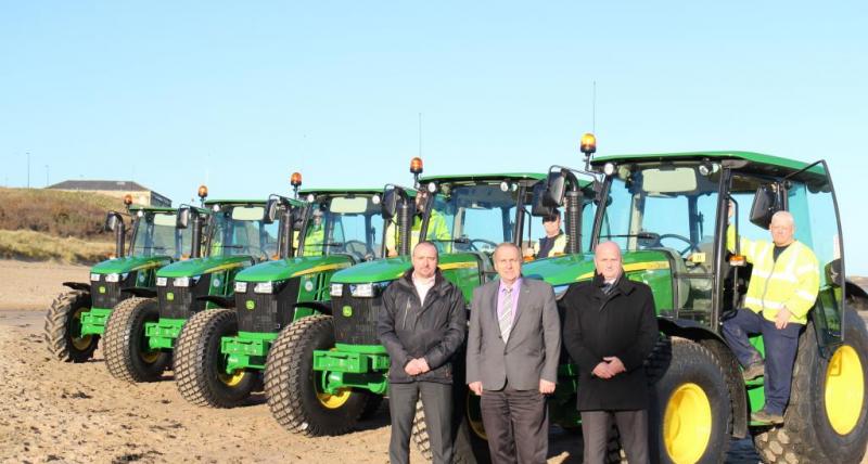 North Tyneside Council’s five new tractors are ready to keep the borough’s open spaces clean and tidy. Pictured front, left to right: Marcus Jackson, Area Officer Seafront; Cllr John Stirling; Steve Whitworth, Operations and Logistics Manager. New tractors