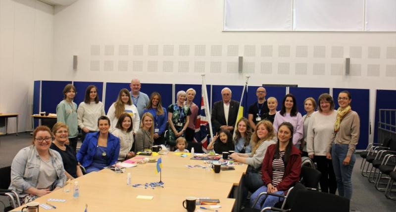 Ukrainian refugees pictured with North Tyneside staff at a drop in session